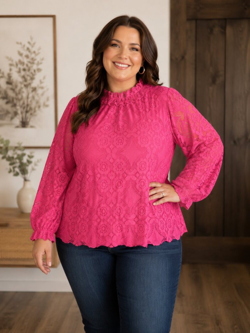 Pink Lace Blouse 1X Plus  Long Sleeve High Neck Keyhole Back Feminine Top Soft